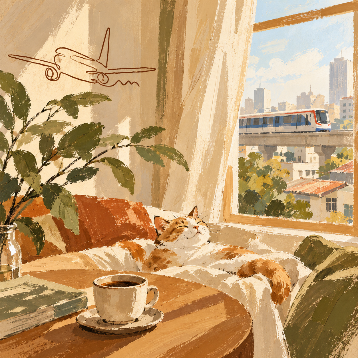 Painted Bangkok morning with a cat, coffee and a passing train. AI artwork inspired by Arta.